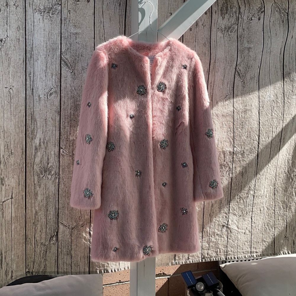 BNWOT ZARA Pink faux fur crystal embellished coat XS
